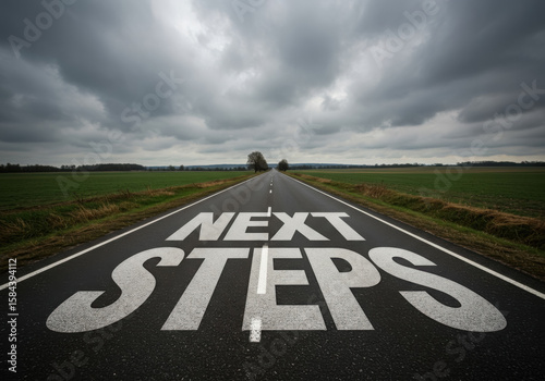 The words next steps painted on a road leading to the horizon