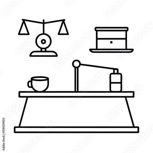 Work life balance concept with yoga mat and office tools in hybrid workspace vector line art on white background