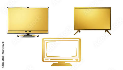 Three golden television screens and computer monitors