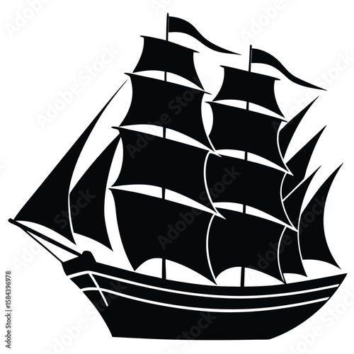 Black Silhouette of a Sailing Ship with Full Sails and Three Masts
