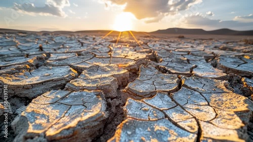 A parched landscape filled with cracked earth and dry riverbeds showcases the dire impacts of global warming. Scorching sunlight emphasizes the extreme heat and lack of life