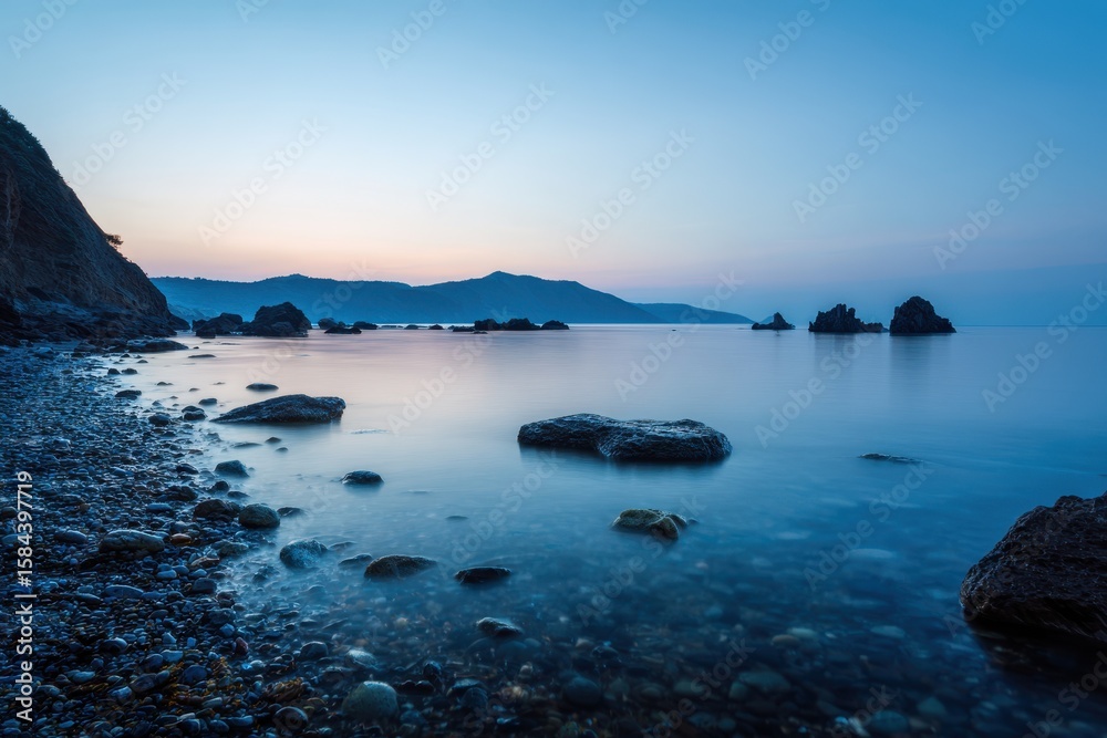 Twilight seaside scene with a tranquil sea stunning beach and distant silhouettes of hills in haze Long exposure captures sunset Twilight seaside scene with a tranquil sea stunning beach and distant silhouettes of hills in haze Long exposure captures sunset