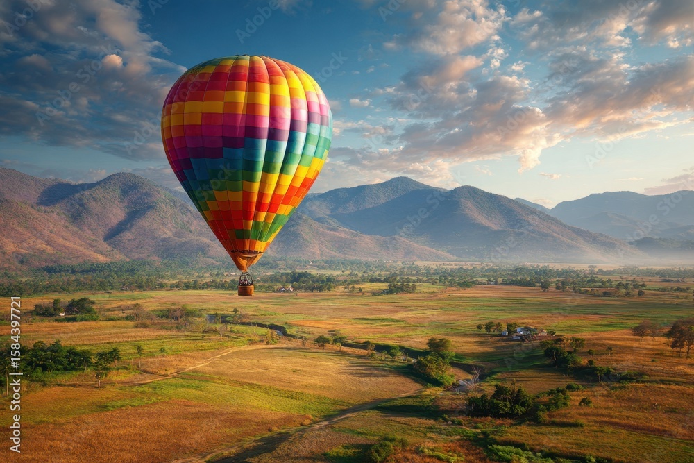 Obraz premium Vibrant balloon above a grassy area Outdoor adventure in a national park Travel idea