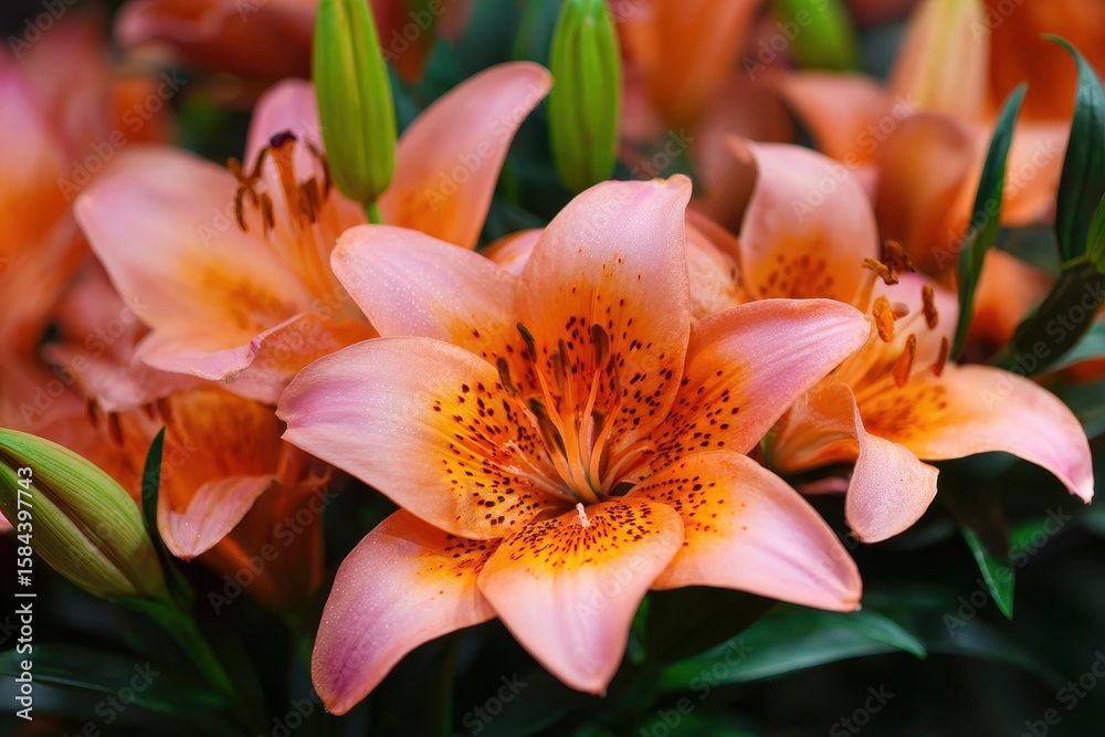 Fototapeta premium Large bouquet of blooming Stargazer lilies in pink and orange with greenery summer
