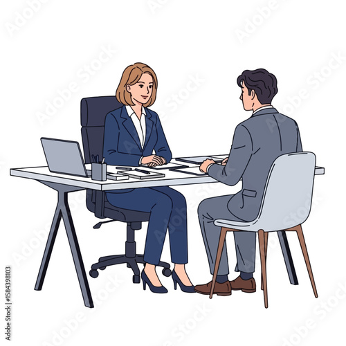 A woman in a suit sits at a desk interviewing a man in a suit.