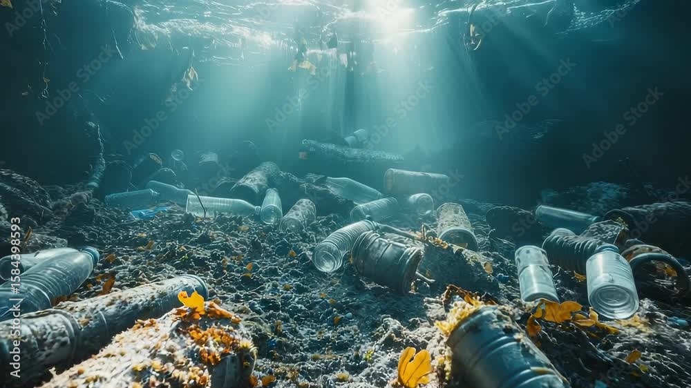 A stark contrast unfolds as industrial waste, including bottles and cans, covers the ocean floor. This tableau highlights the impact of pollution on the fragile marine environment during daylight