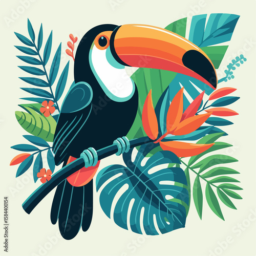 vector illustration of tropical toucan bird on white background