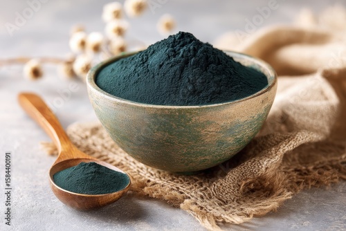 Bowl of chlorella and spirulina powder Superfood drink for detox rich in protein and beta carotene