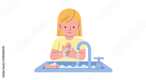 Cartoon Woman Washing Hands with Soap in Blue Sink Illustration.