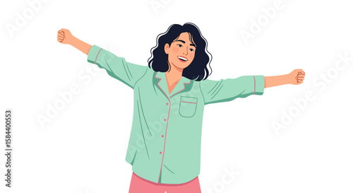Cheerful Woman Stretching in Mint Green Pajamas with Pink Trim.