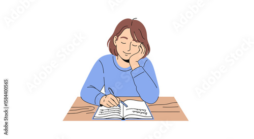 Cartoon Woman Writing in Notebook at Desk with Pen and Hand on Face.