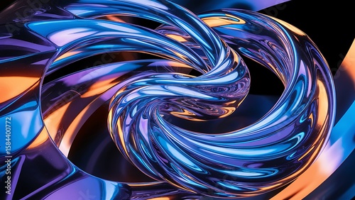 3d abstract liquid glass ribbon wave line with neon light on dark background. Fluid flow curve shape with blue pink yellow holographic gradient and light reflection on glossy floor. 3D illustration