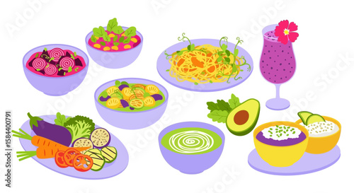 Colorful Illustrated Healthy Food Dishes and Drinks on White Background.