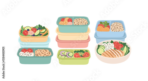 Colorful Illustrated Lunch Boxes Filled with Healthy Food on White Background.