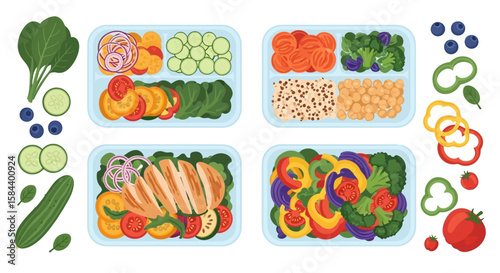 Colorful Variety of Healthy Meal Prep Containers with Chicken Vegetables and Grains.