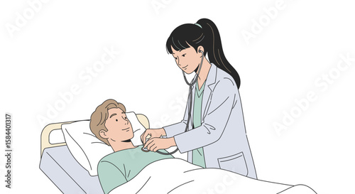 Doctor Examining Patient with Stethoscope in Hospital Bed.