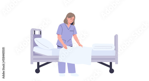 Female Nurse Making Hospital Bed Lavender Scrubs White Linens.