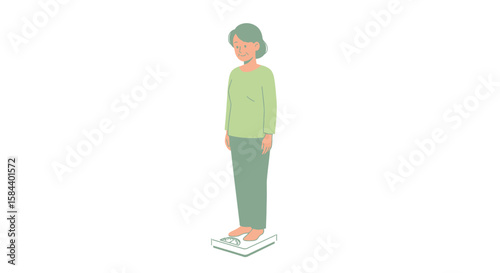 Illustration of an Older Woman Weighing Herself on a Scale Green Tones.