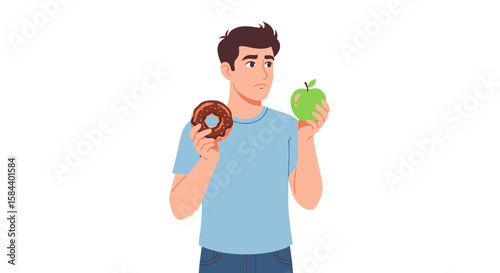 Man Deciding Between Chocolate Donut and Green Apple Healthy Choice Dilemma.