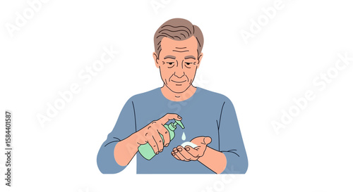Man Dispensing Hand Sanitizer from Green Bottle into Palm.