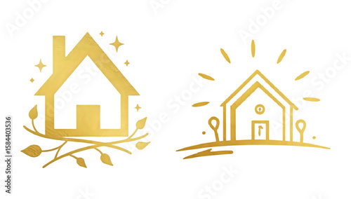 Two golden house icons with decorative elements on a white background