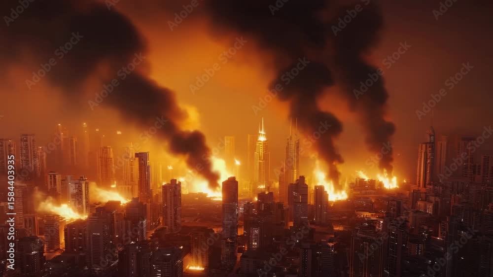 Burning city skyline at night with massive fires and thick smoke rising ...