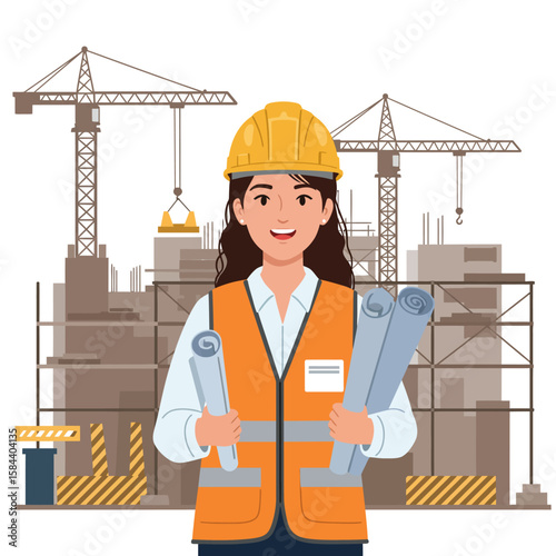 A female architect smiles confidently at a construction site, holding blueprints, with tall cranes and scaffolding in the background, showcasing a successful building project.