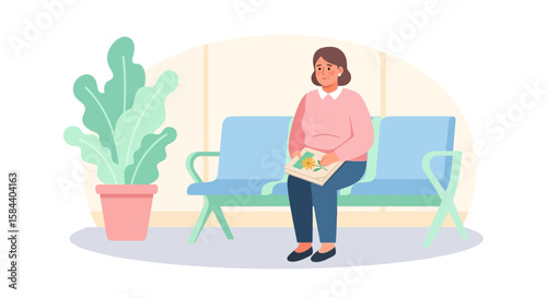 Sad Woman Sitting on Bench Holding Picture Waiting Patiently.