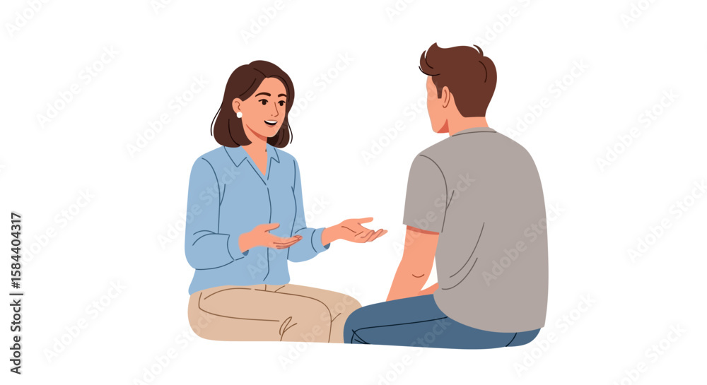 Obraz premium Two people sitting engaged in conversation casual attire lighthearted discussion.