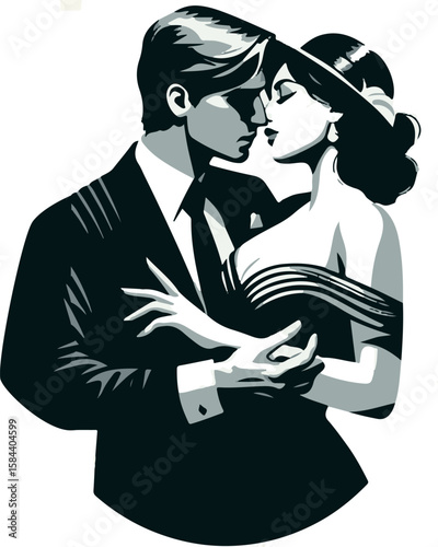 Elegant vintage couple dancing passionately in monochrome style ,couple in a passionate tango 