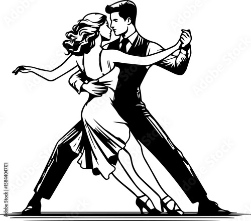 Elegant couple dancing tango in vintage black and white style,swing dancing learning  