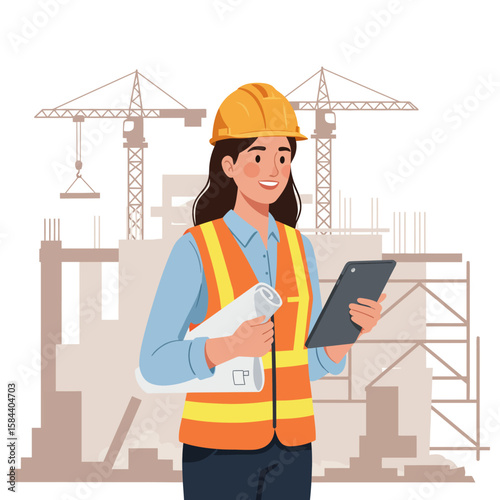 A female architect smiles confidently at a construction site, holding blueprints and a tablet, showcasing her expertise and professionalism in the field of engineering and design.
