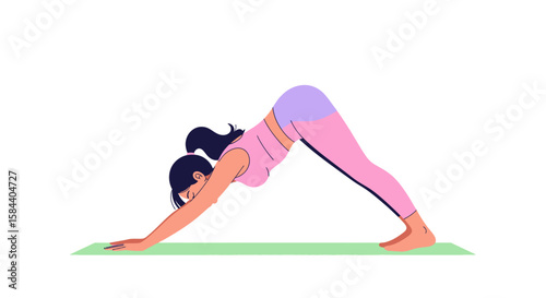 Woman in Downward Dog Pose on Yoga Mat Pink Outfit Ponytail.