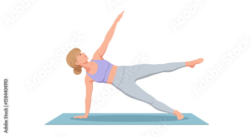 Woman in Yoga Pose Balancing on One Hand Leg Extended.
