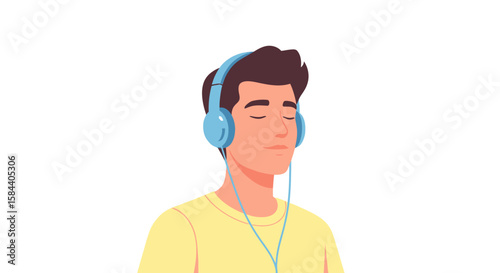 Young Man Wearing Blue Headphones Eyes Closed Listening to Music.