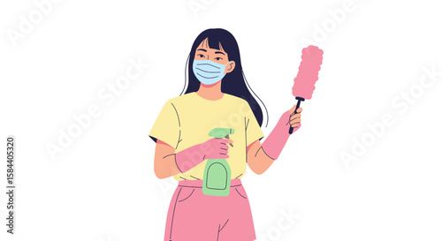 Young Woman in Mask Cleaning Holding Spray Bottle and Duster.