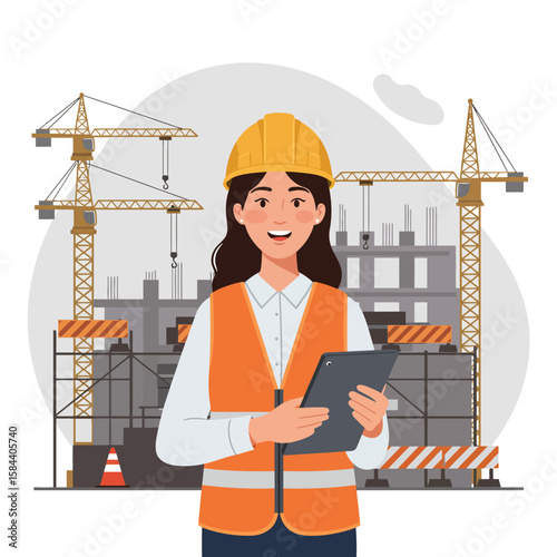Smiling female construction worker in a safety vest and hard hat holds a tablet in front of a construction site with cranes and scaffolding.