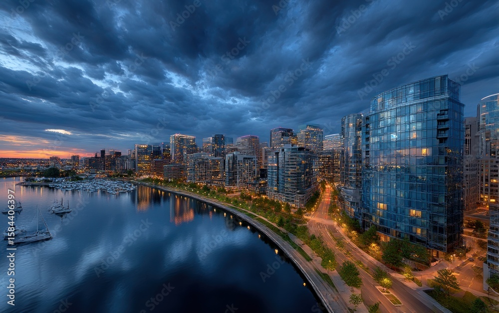 Fototapeta premium City skyline at dusk over a harbor
