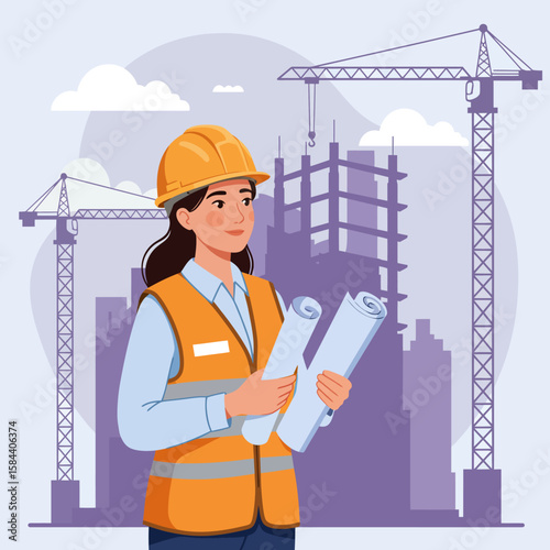 A professional female engineer wearing a hard hat and safety vest holds blueprints at a bustling urban construction site.