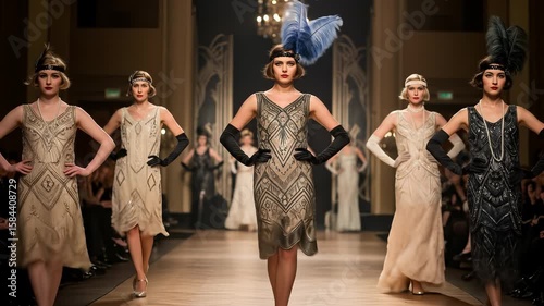 Elegant flapper girls showcase vintage fashion on the runway in glamorous setting