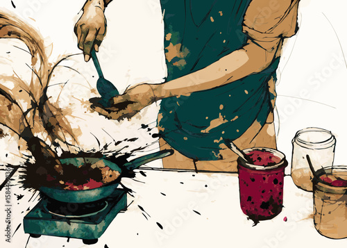Dynamic Cooking Scene with Splashes in a Colorful Kitchen for Food Blogs, Culinary Education, Recipe Sharing, and Creative Cooking Communities  
