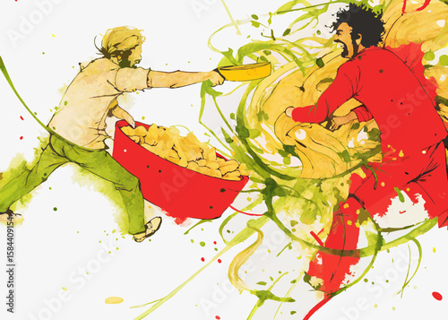 Vibrant Illustration of Two Chefs Engaged in Playful Food Fight with Colorful Swirls for Culinary Blogs, Creative Cooking Websites, and Food Enthusiast Content  