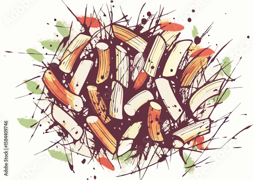 Artistic Illustration of Colorful Pasta with Organic Elements for Food Blogs, Culinary Websites, Recipe Cards, Restaurant Menus, and Food Art Awareness  