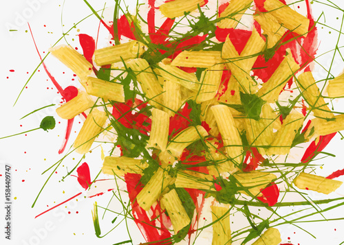 Abstract Arrangement of Colorful Pasta with Artistic Splashes for Culinary Blogs, Food Art Websites, Creative Cooking, and Culinary Education  