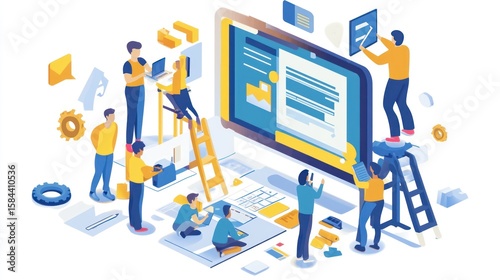 Dynamic team developing website interface collaboratively with ladders and teamwork