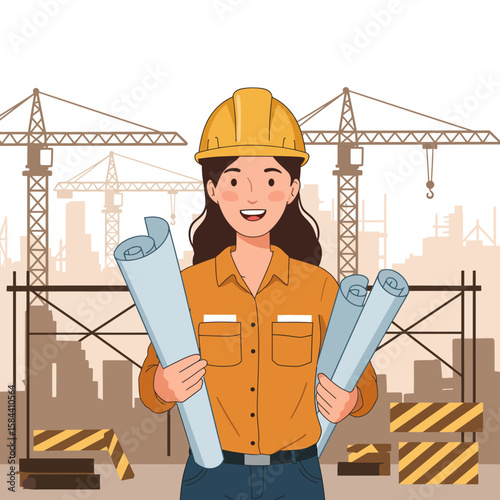 A smiling female architect in a yellow hard hat holds blueprints at a construction site with cranes and buildings.