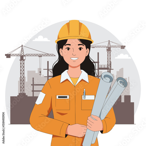 A smiling female construction worker, wearing a safety helmet and holding blueprints, stands confidently in front of a building site with cranes and a cityscape.