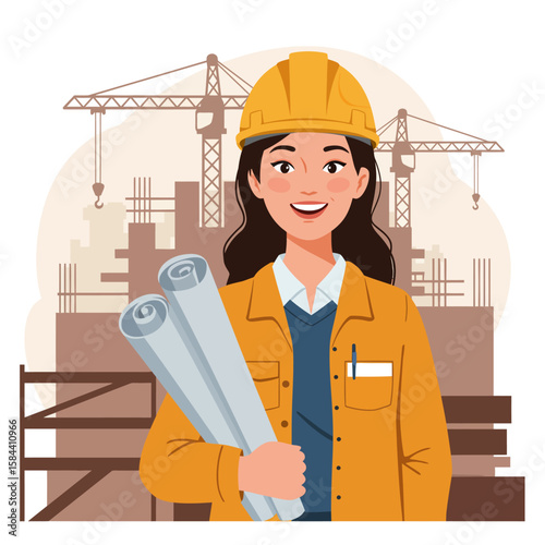 A cheerful female engineer in a hard hat holds blueprints, standing proudly against a backdrop of a bustling construction site with cranes.