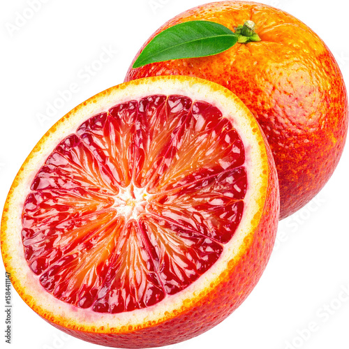 Sliced and whole blood orange with leaf Juicy citrus fruit