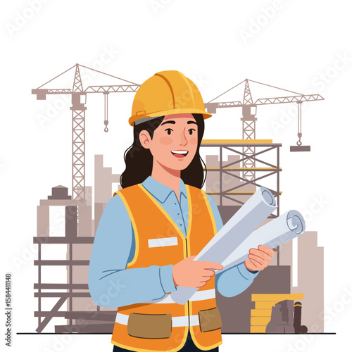 Smiling female architect in hard hat holding blueprints at a construction site with cranes and buildings.